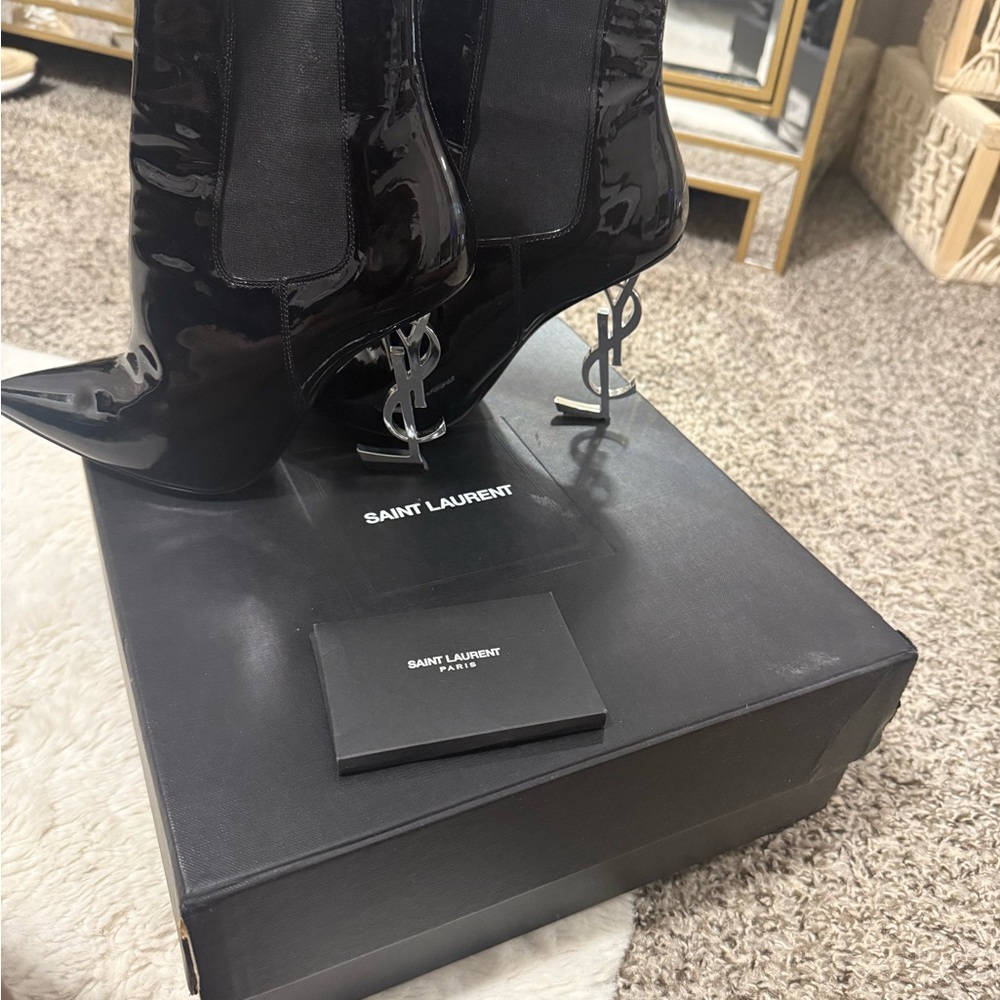 Yves Saint Laurent Glossy Black Heeled Boots - Picture 6 of 7